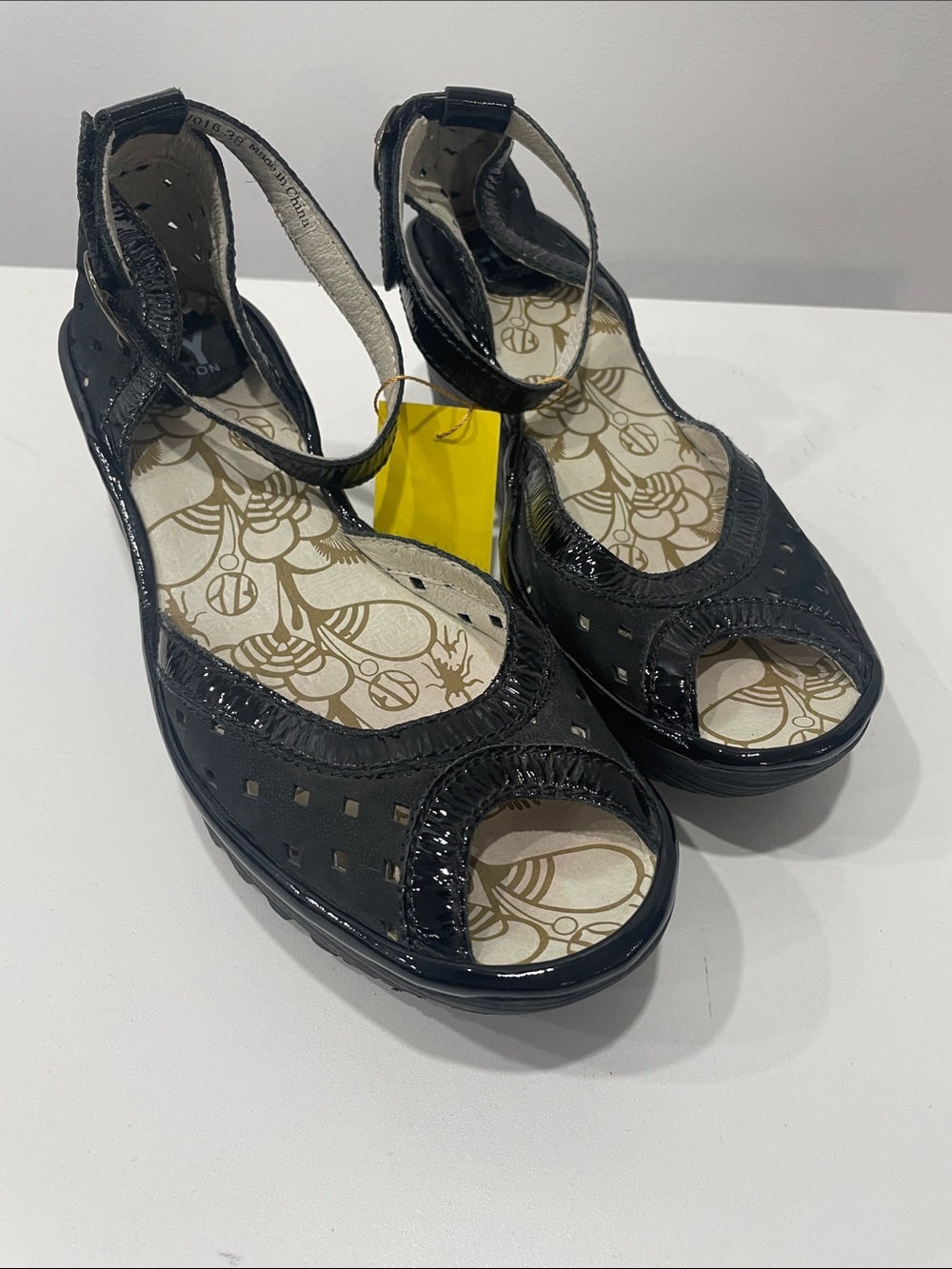 Fly London Black Patent Peep-Toe Ankle Strap Sandals